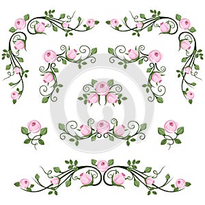 Vintage calligraphic vignettes with pink roses.