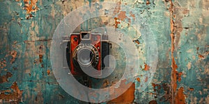 A vintage camera is attached to a weathered, rusty wall