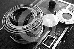 Vintage camera, black and white photo