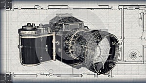 Vintage Camera Blueprint Schematic Drawing