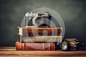 Vintage camera and books on a wooden table with chalkboard background, render of a sexy woman in black lingerie over grey