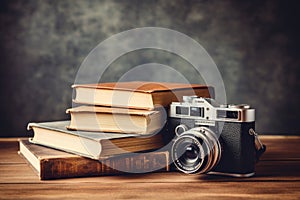 Vintage camera and books on wooden table over grunge background, render of a sexy woman in black lingerie over grey background, AI