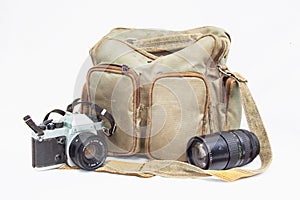 Vintage Camera With Camera Bag And Telephoto Lens