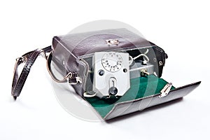 Vintage camera flash isolated on white.