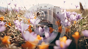 Vintage Camera In Flowering Grass: Capturing Spontaneity And Flower Power