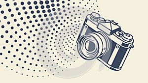 Vintage camera illustration with halftone dot background, vector design Generative AI