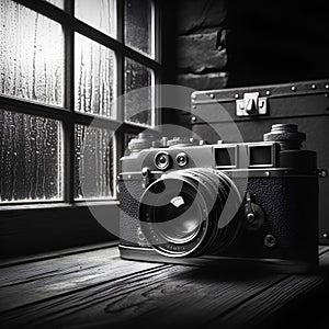 A vintage camera lying on a shelf, detailed, realistic, monochromatic, cinematic, loneliness, windows, rain