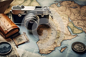 Vintage camera and map. Travel and adventure concept. Vintage tone, Top view travel concept with retro camera films, map and