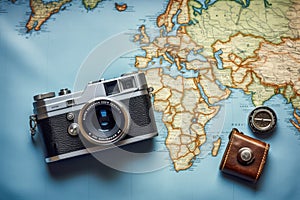 Vintage camera on the map of the world. Travel concept, Top view travel concept with retro camera films, map and passport on blue