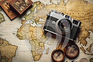 Vintage camera on the map of the world. Travel concept, Top view travel concept with retro camera films, map and passport on blue