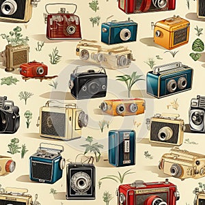 Vintage camera motifs seamless pattern with photorealistic renderings (tiled