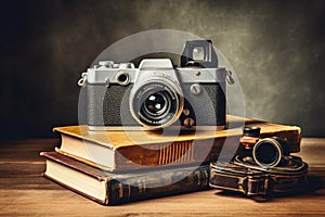 Vintage camera and old books on a wooden table over dark background, render of a sexy woman in black lingerie over grey background