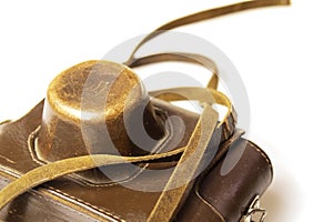 Vintage camera in old brown leather case
