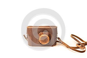 Vintage camera in old brown leather case