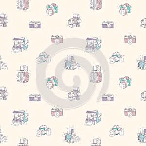 Vintage camera pattern. Seamless retro photography design with detailed old photo equipment. Endless nostalgic