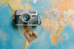 Vintage Camera Resting on Map, Nostalgic Travel Exploration Tool, Top view travel concept with retro camera films, map, and