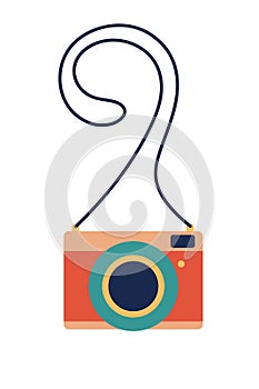 Vintage Camera. Retro camera in Flat style. Old Retro film photo camera with strap isolated on white background. Flat