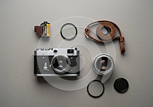 A vintage camera setup displayed on