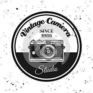 Vintage camera vector round emblem, label, badge