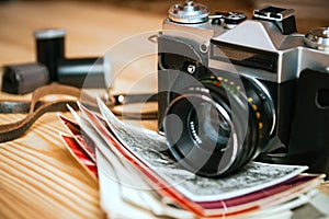 Vintage camera on a wooden table