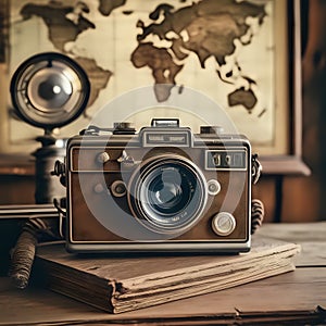 Vintage camera on a wooden table with a rustic retro room background filled with antique maps and radios - generated by ai