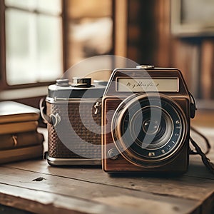 Vintage camera on a wooden table with a rustic retro room background filled with antique maps and radios - generated by ai