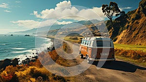 Vintage camper van parking at the beach with suitcases on top during on vacation near a sea
