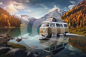 Vintage camper van with reflection in mountain lake.