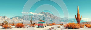 Vintage camper van on the road in the desert with copy space. Concept of summer holidays and travel. photo