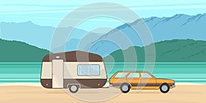 Vintage camping caravan and car