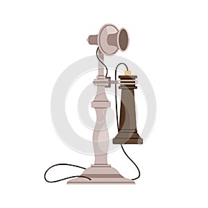 Vintage candlestick telephone, upright desk set, stand with hanging transmitter. Old stick phone of 1897. Obsolete