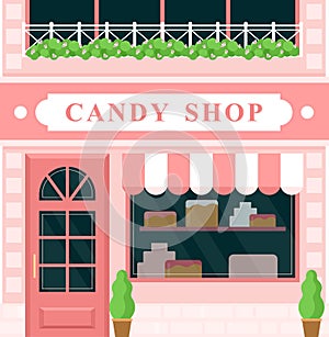 Vintage candy shop, confectionery house building facade vector illustration. Cartoon European city street with building