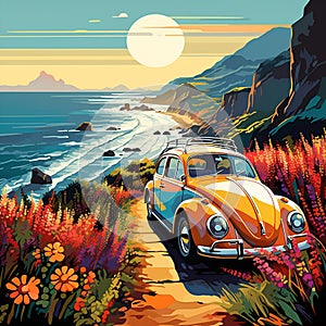 Vintage car adorned with colorful flower decals, driving down a sunlit coastal road