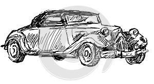 Vintage car. A black and white graphic auto of the 20th century.