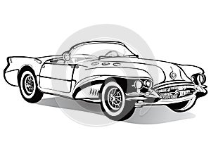 Vintage car cabriolet roofless, sketch, coloring book, black and white drawing, monochrome. Retro cartoon transport. Vector