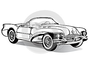 Vintage car cabriolet roofless, sketch, coloring book, black and white drawing, monochrome. Retro cartoon transport. Vector photo