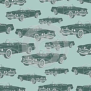 Vintage car cabriolet seamless pattern, retro cartoon background, monochrome. For the design of wallpaper, wrapper, fabric. Vector