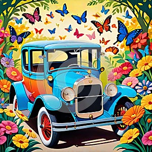 Vintage car classic travel natural blossom beauty colorful blue orange yellow