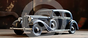 Vintage car displayed on wooden table with fixture