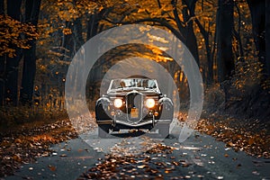 A vintage car driving through an autumn forest, with leaves falling around it and the headlights glowing on it. Ai generated. Ai