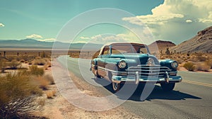 Vintage car driving on an empty desert road, AI-generated.