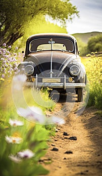 A vintage car from an earlier era, cruising through a field of vibrant wildflowers under the bright and warm summer sun
