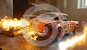 Vintage Car Engulfed in Flames