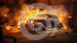 Vintage Car Engulfed In Flames In A Dramatic Garage Fire Scene. Generative AI photo