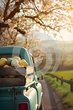 Vintage car full of colorful Easter eggs on the road with grass and spring flowers. photo