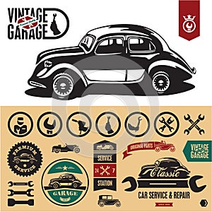 Vintage car garage labels, signs