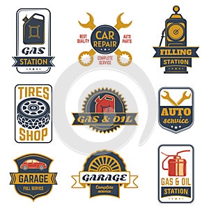 Vintage car gasoline station badges, retro fuel labels. Automobiles gas station, garage and auto repair service stickers