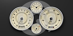 Vintage car gauges isolated on black background. 3d illustration