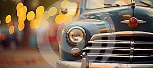 Vintage car headlights with beautiful blurred bokeh effect of sunset in the background