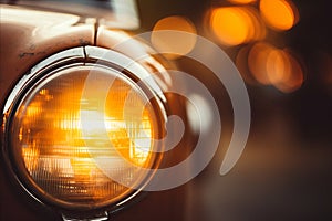 Vintage car headlights with captivating blurred bokeh effect against a sunset backdrop